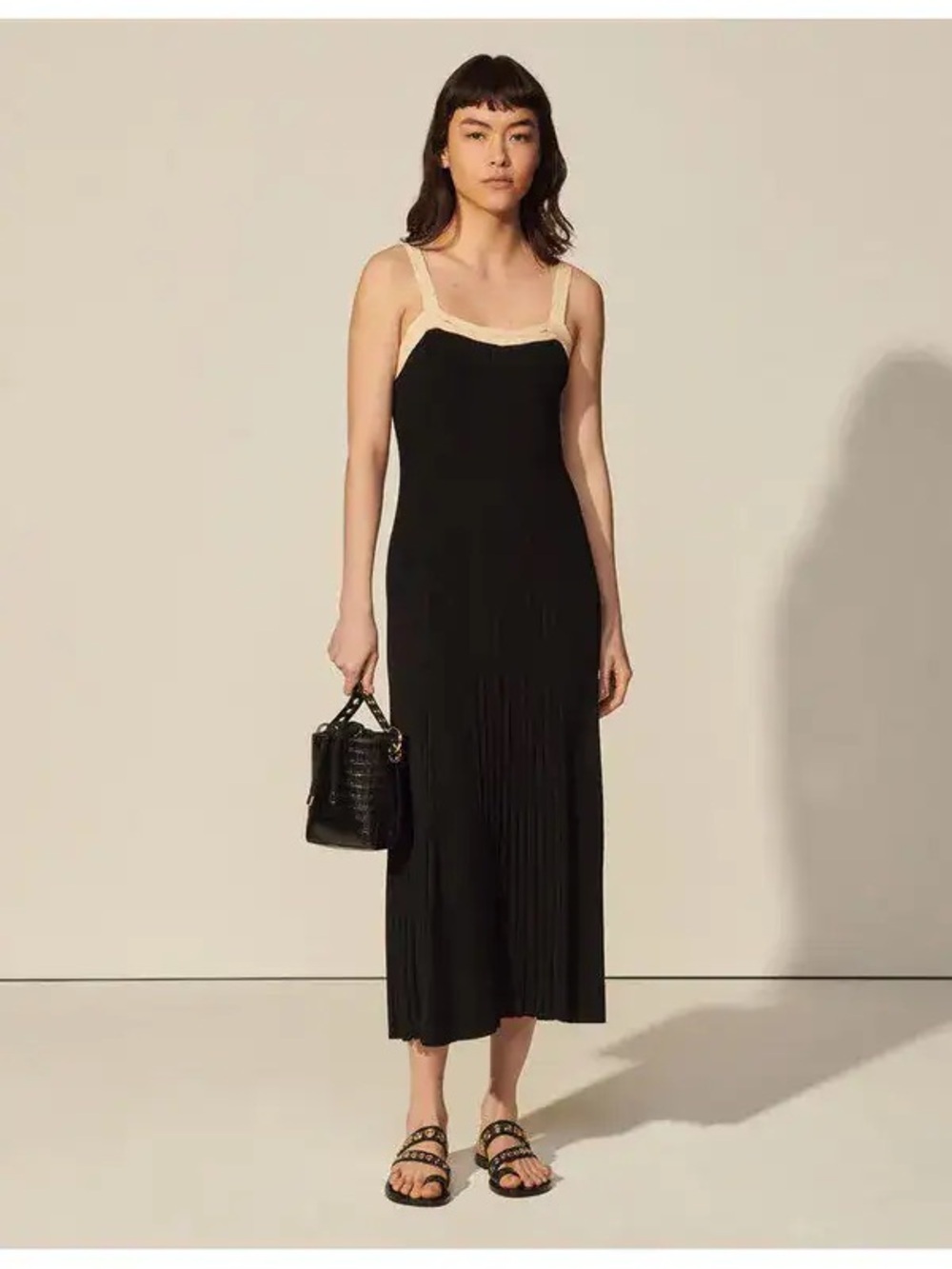 Sandro Sleeveless Black Midi Dress with Cream Trim. NWT Size 38